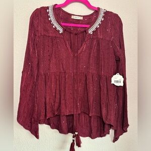 NWT Altar’d State Burgundy Gauze Tiered Flare Sleeve Tassel Tie Peasant Top S